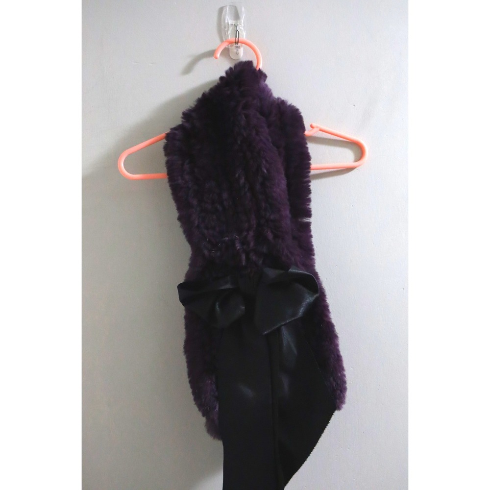 Jocelyn Real Fur Scarf Deep Plum Purple Satin Bow Accent